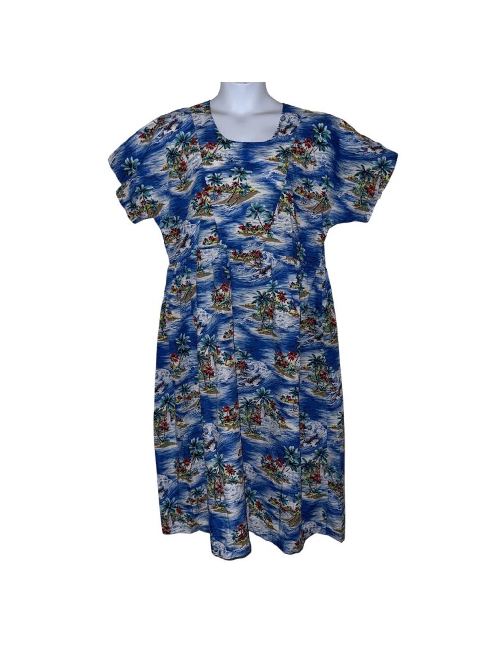 Vtg Hawaii Muumuu Beach Dress Womens 2XL Blue Mumu Floral Hawaiian Vacation